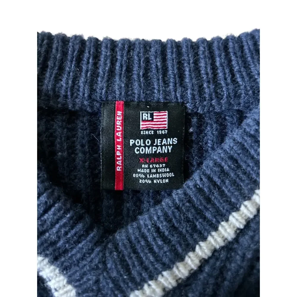 Vtg Polo Jean Co. Ralph‎ Lauren Mens XL Lambs Wool Blends V Neck Varsity Sweater